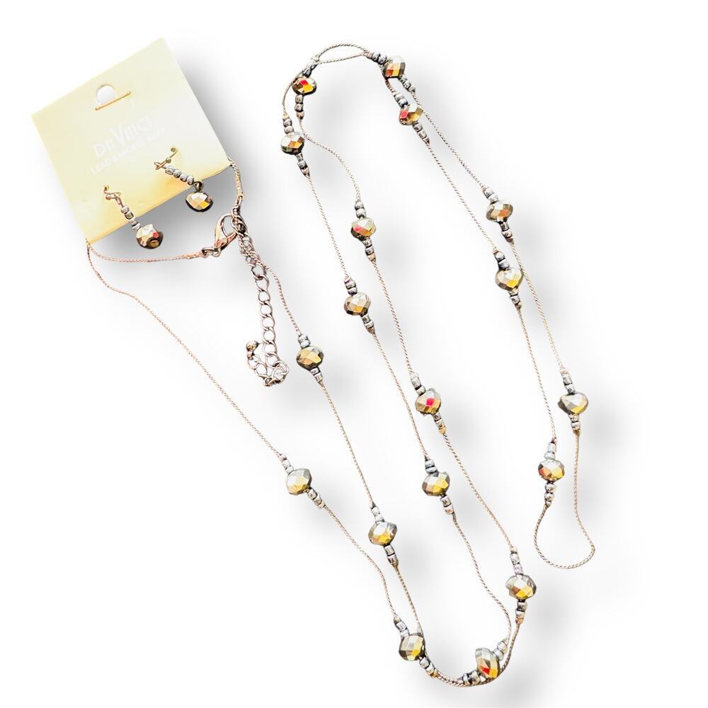 Da Vinci Jewelry Set Necklace and Earrings Glass Beads Black Metal